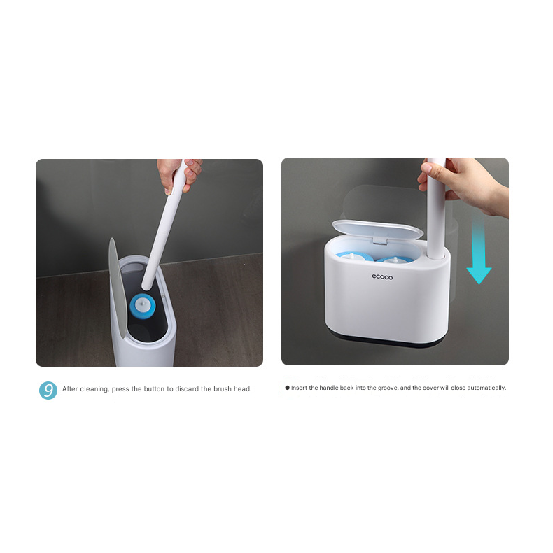 Compact wall mounted toilet brush holder saving floor space in a small bathroom