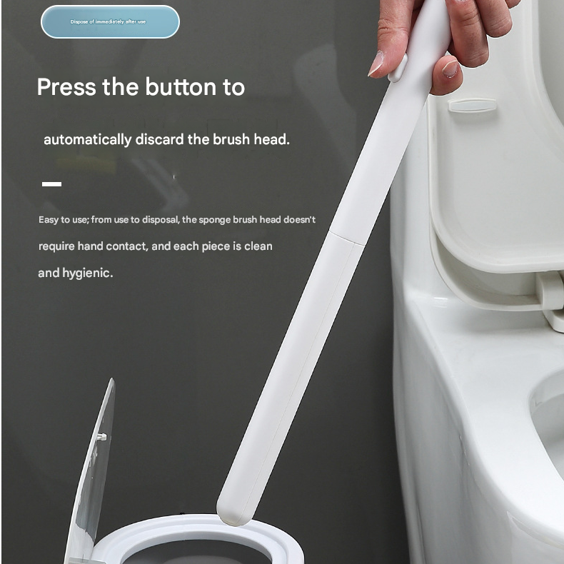 Automatic lid closing on the beige toilet brush holder as the handle is returned