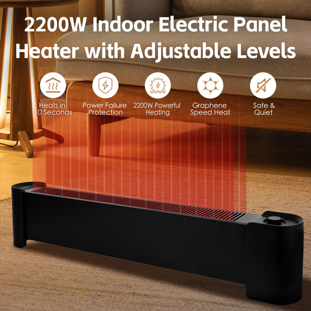 Slim 2200 W graphene floor standing heater, front view