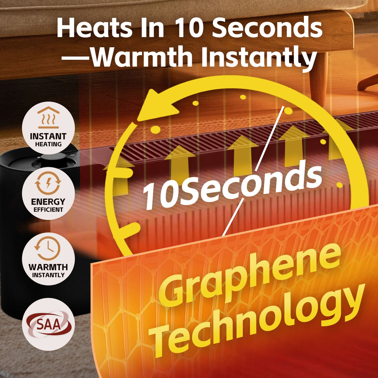 Graphene floor heater positioned against a wall in a living room