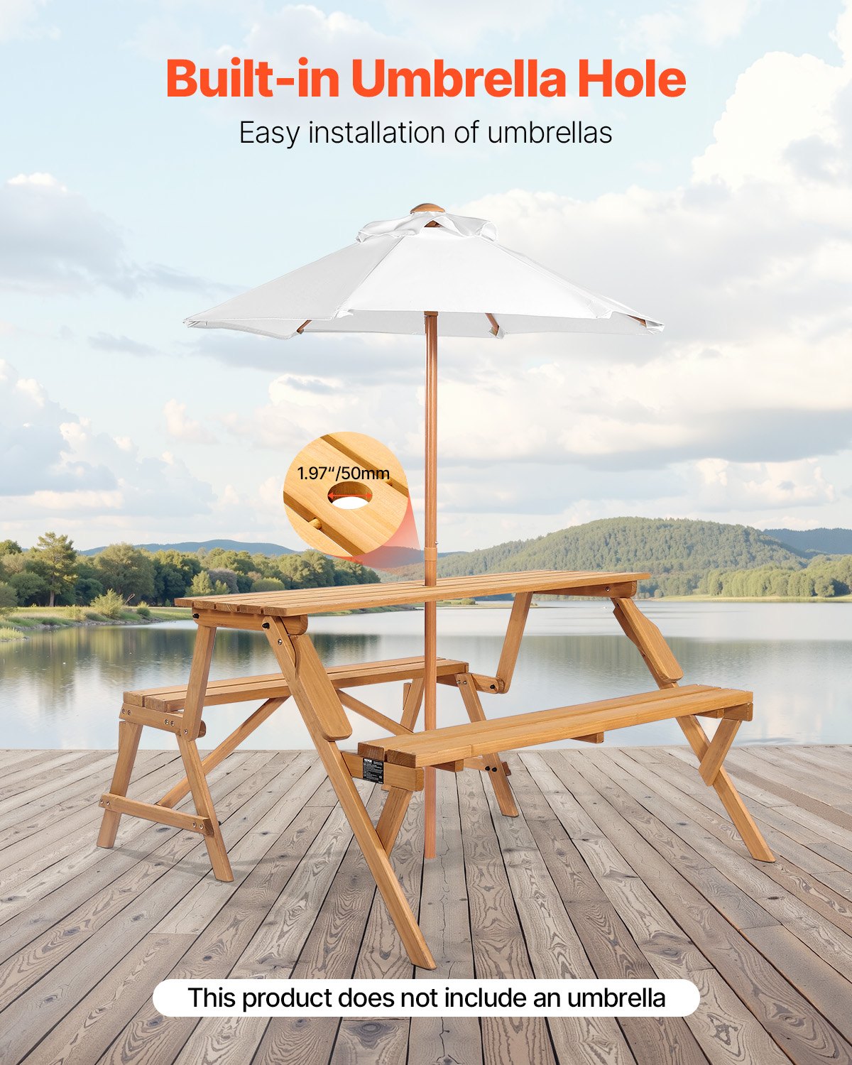 Brown wooden 2 in 1 convertible picnic table and bench set with umbrella hole