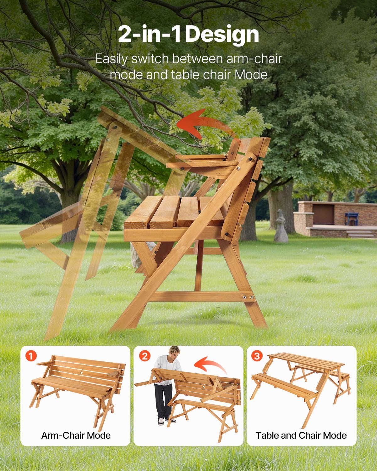 Brown wooden 2 in 1 convertible picnic table and bench set with umbrella hole
