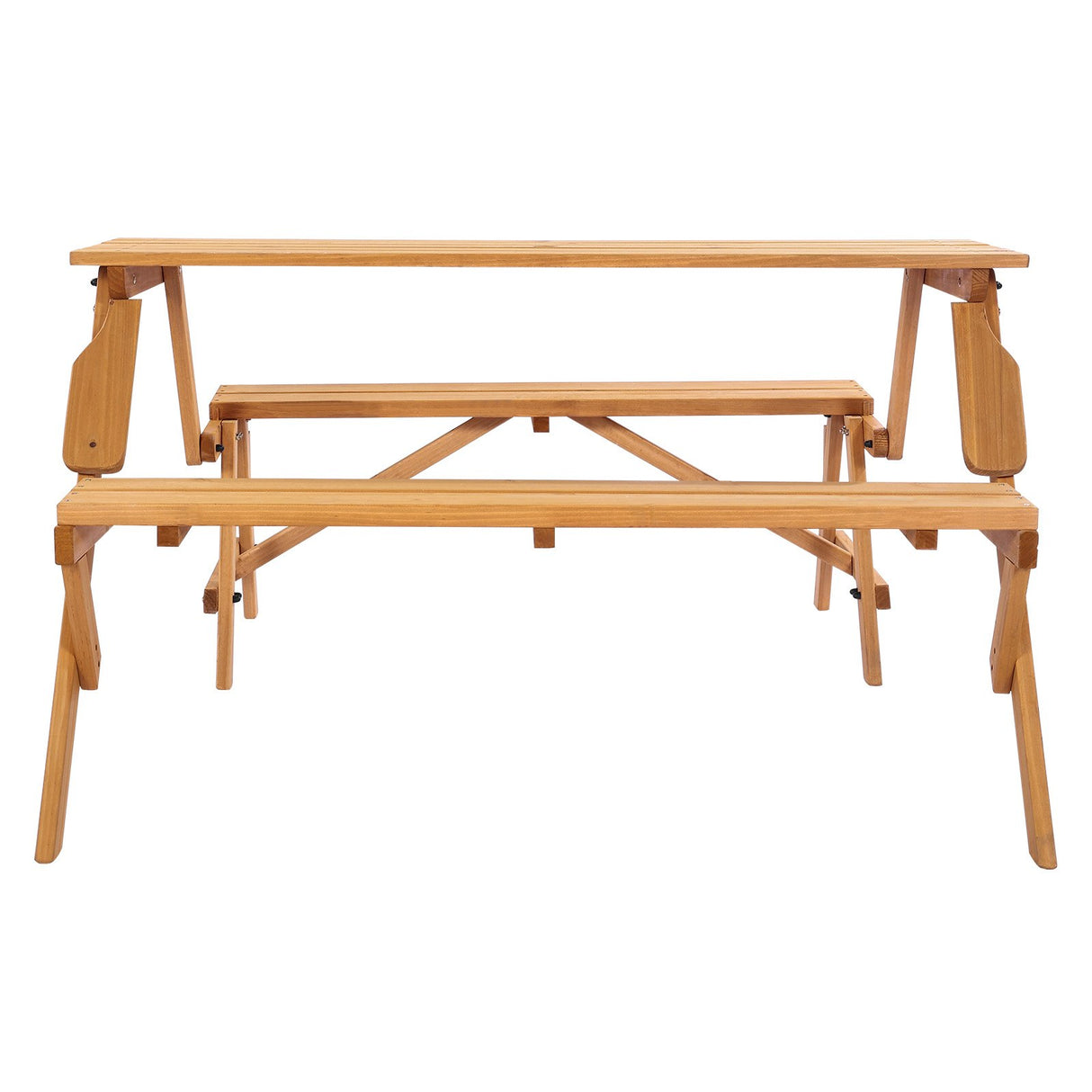Brown wooden 2 in 1 convertible picnic table and bench set with umbrella hole