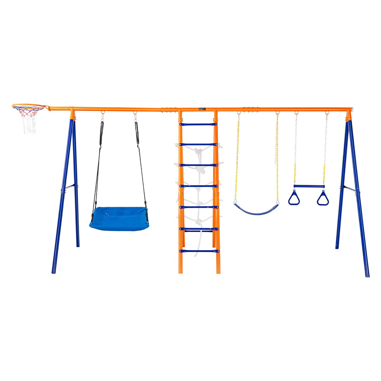 Six in one metal swing set with basketball hoop