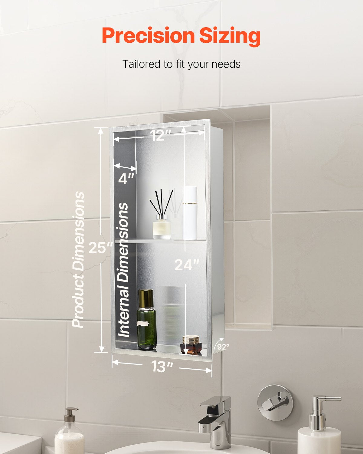 Recessed stainless steel double shelf shower niche, silver, 33 x 63.5 cm