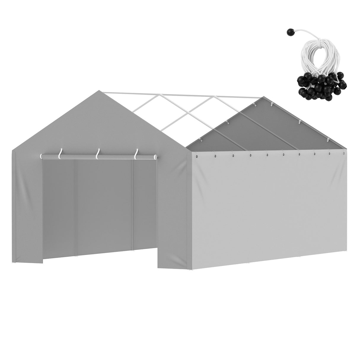 Enclosed carport with grey side walls used as a temporary garage