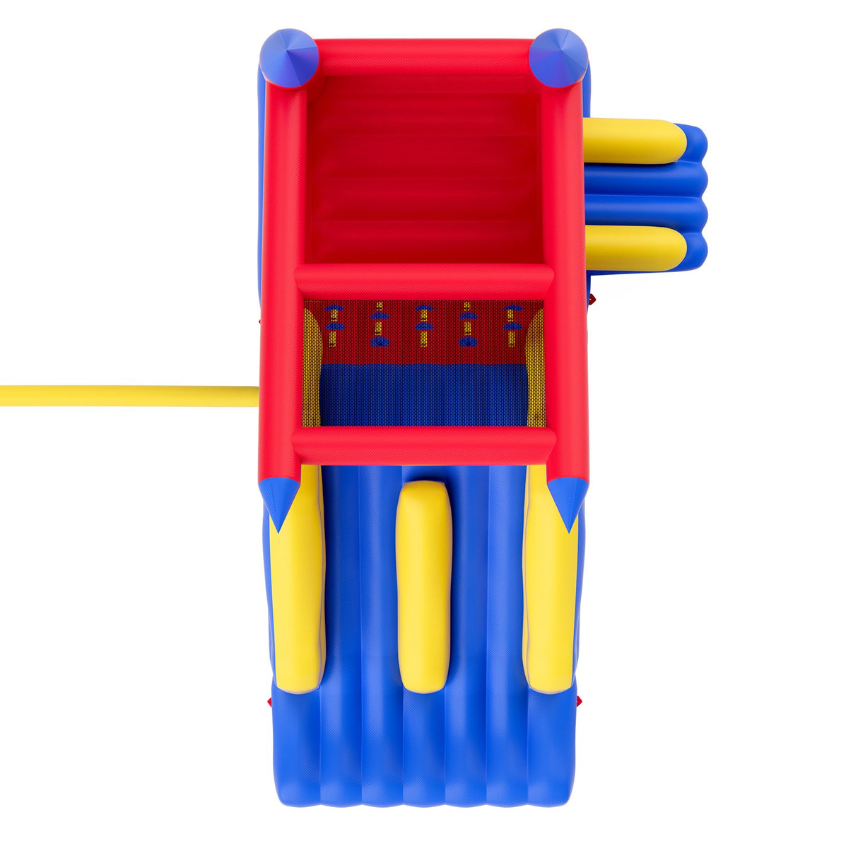 Inflatable bounce house with slide and blower outdoors