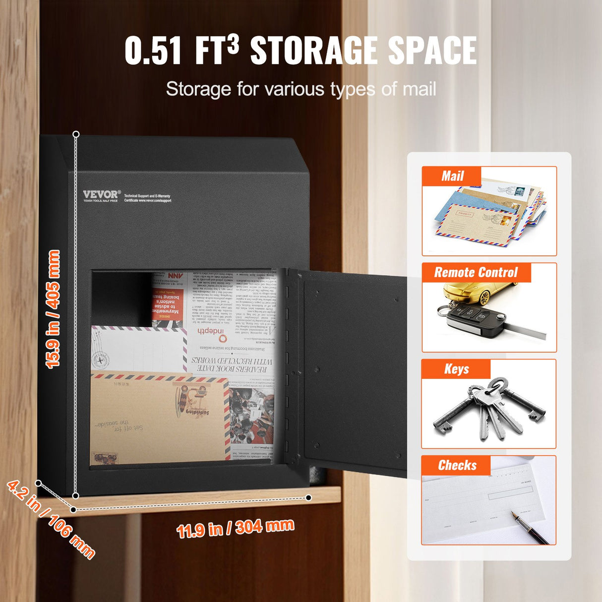 Steel through the door mail drop box with key lock, black