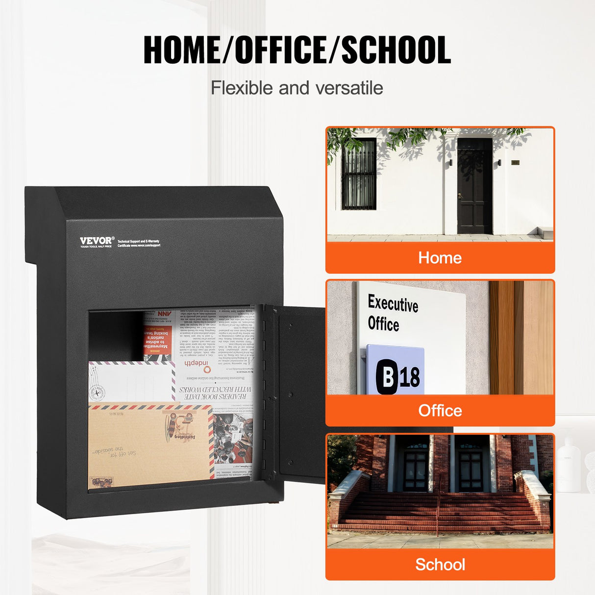 Steel through the door mail drop box with key lock, black