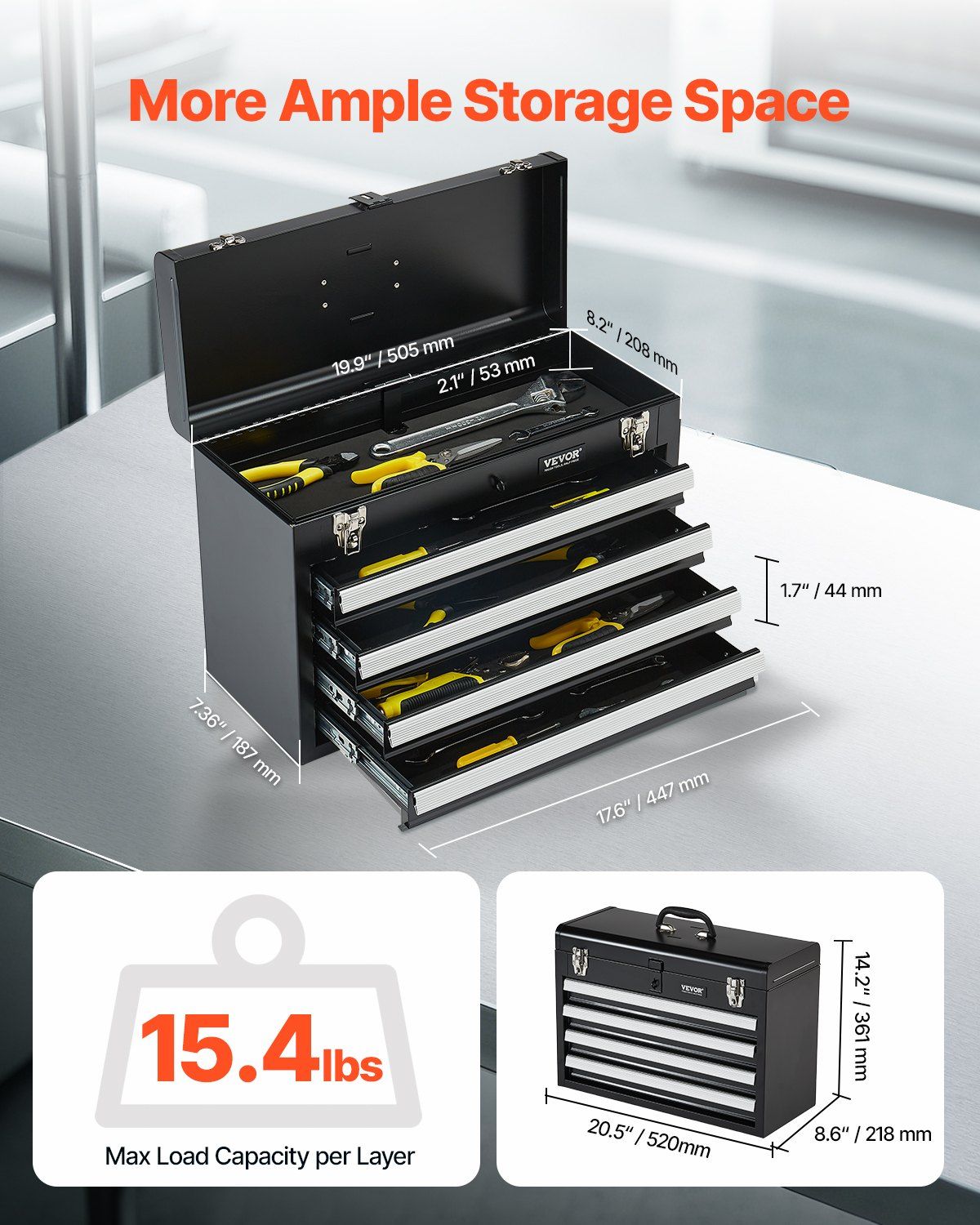 Portable Metal Tool Box 20.5 Inch 3 Drawer Black