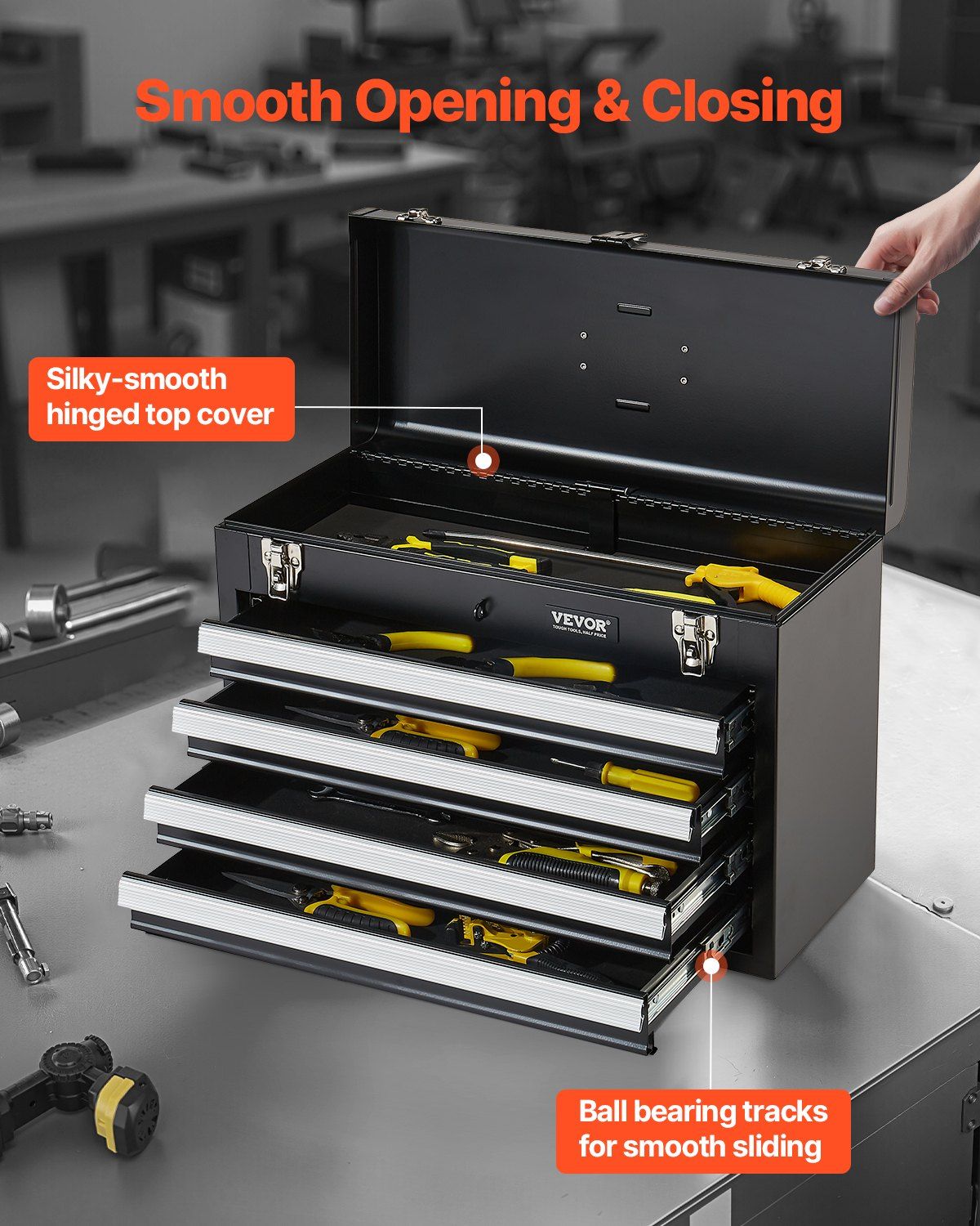 Portable Metal Tool Box 20.5 Inch 3 Drawer Black