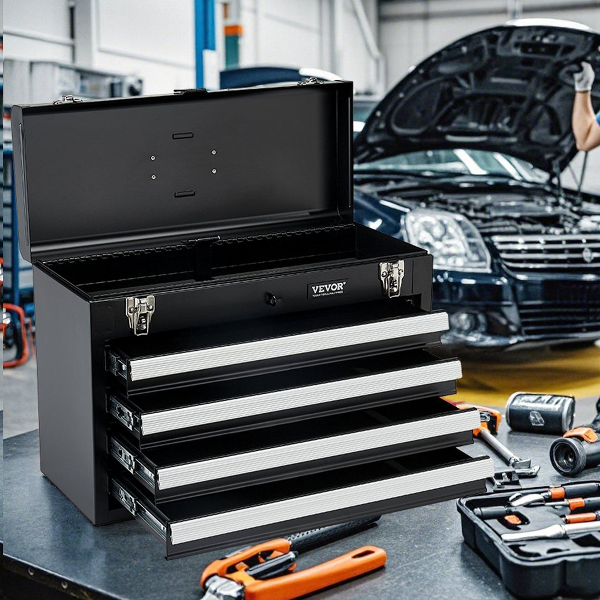 Portable Metal Tool Box 20.5 Inch 3 Drawer Black
