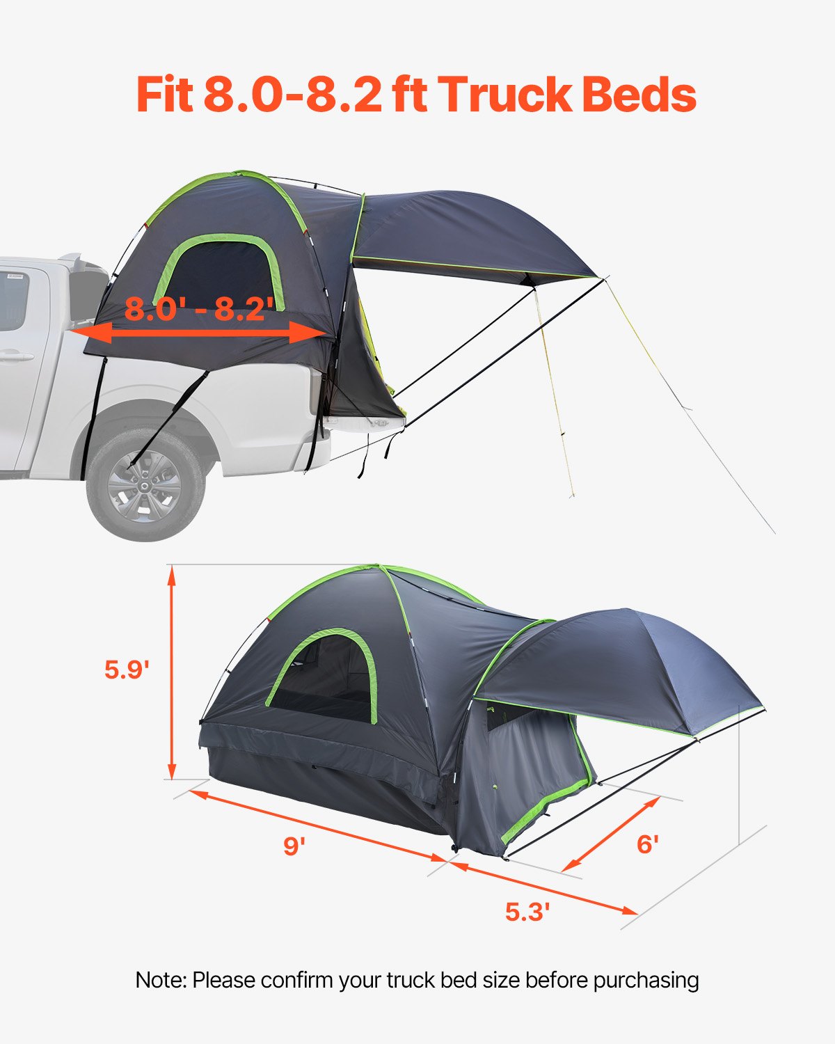 Ricken Pickup Truck Bed Tent, 8.0 to 8.2ft, 2 to 3 Person