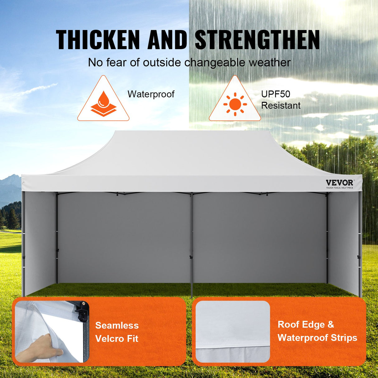 Pop up gazebo with sidewalls removed, shading a long table and chairs