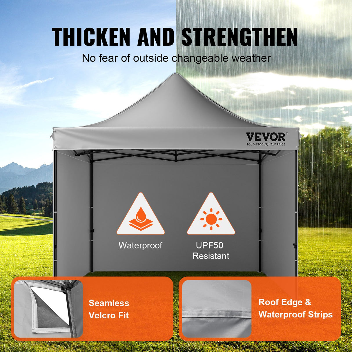 Pop up canopy shown with all four sidewalls attached and closed