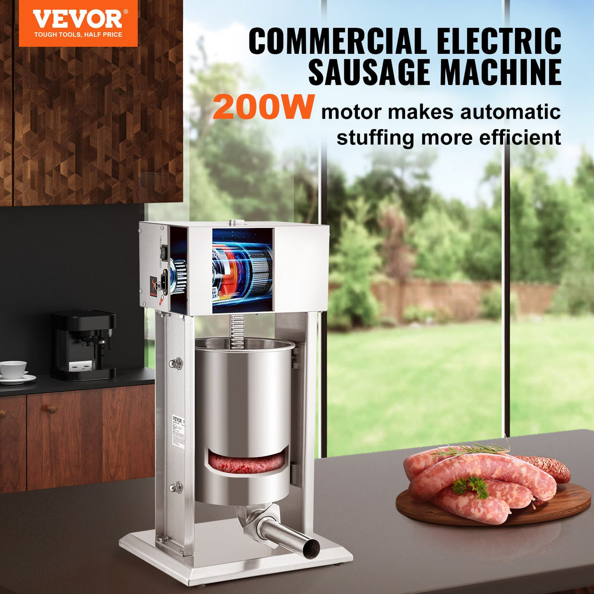 Front view of the vertical 200 W electric sausage stuffer
