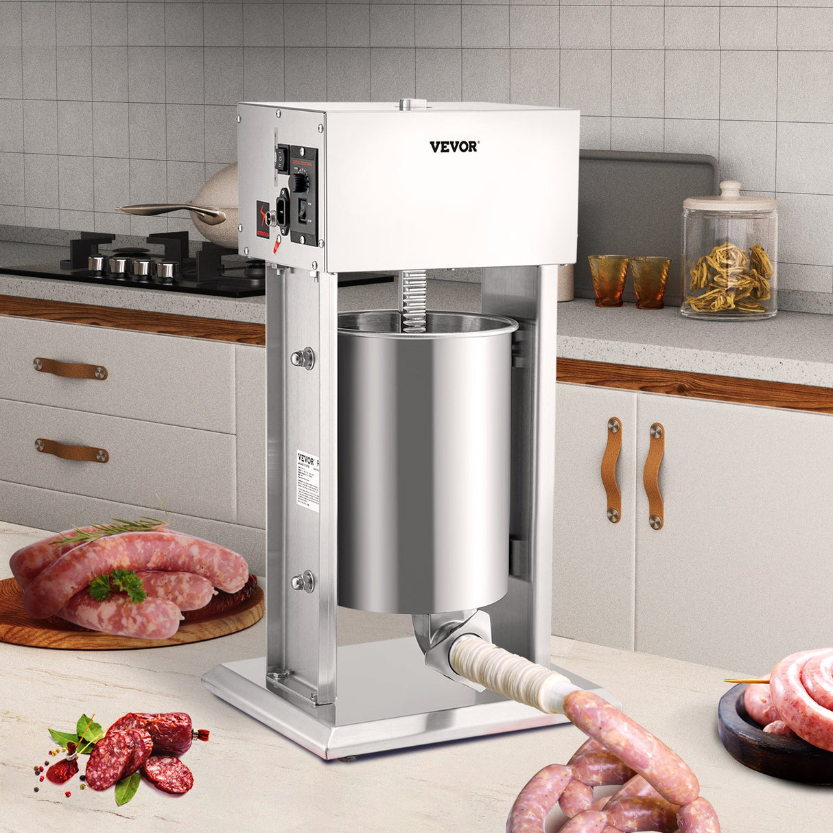 Sausage being filled into casing using the electric stuffer