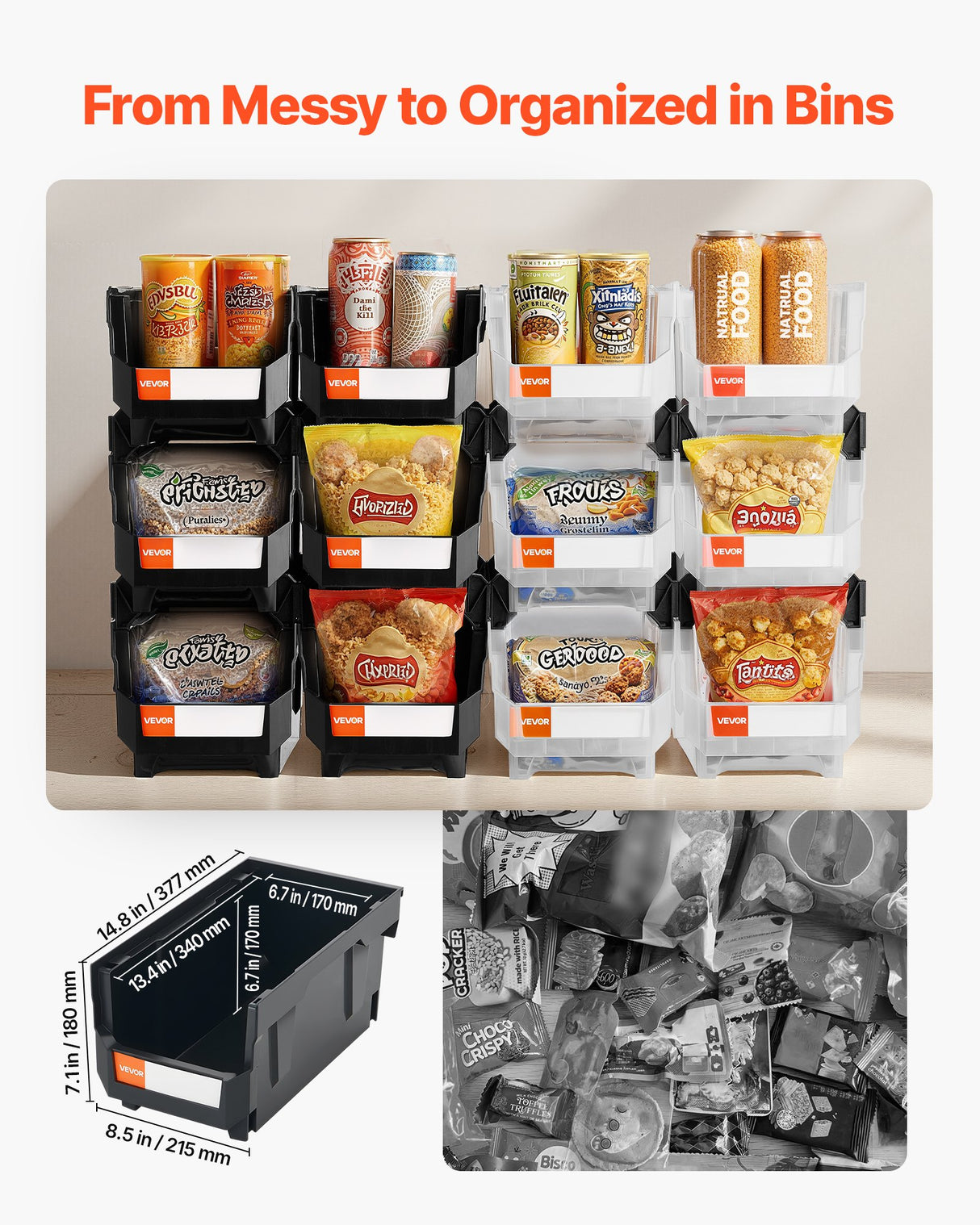 Plastic stackable storage bins 12 pack black and transparent