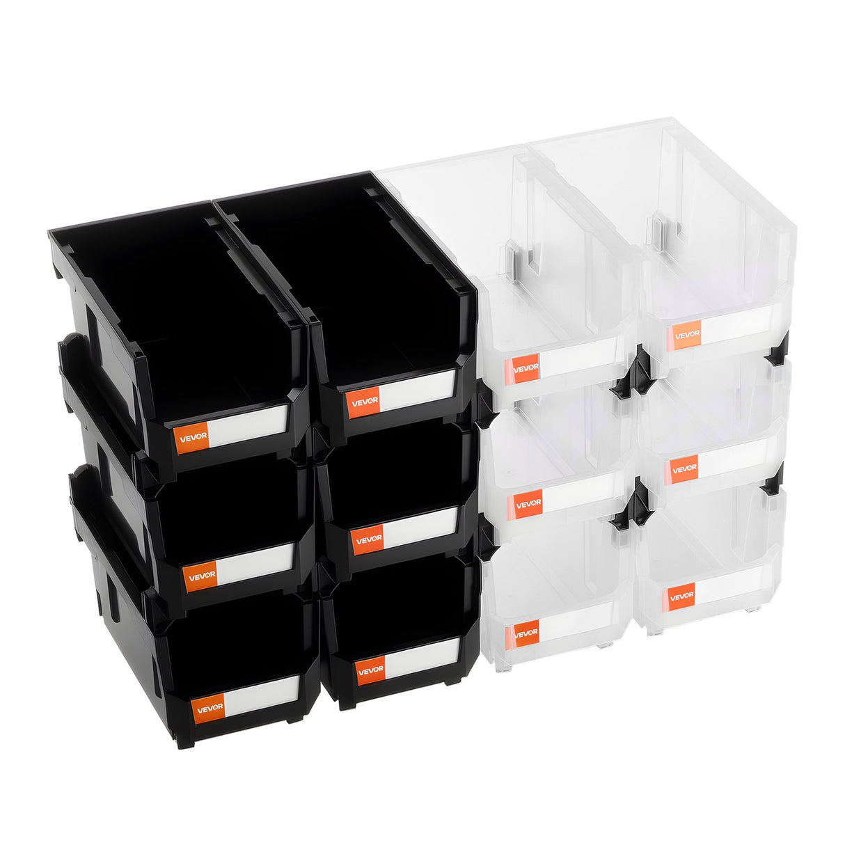 Plastic stackable storage bins 12 pack black and transparent