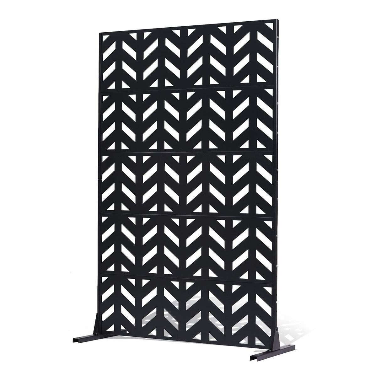 Front view of the black decorative metal privacy screen with base feet