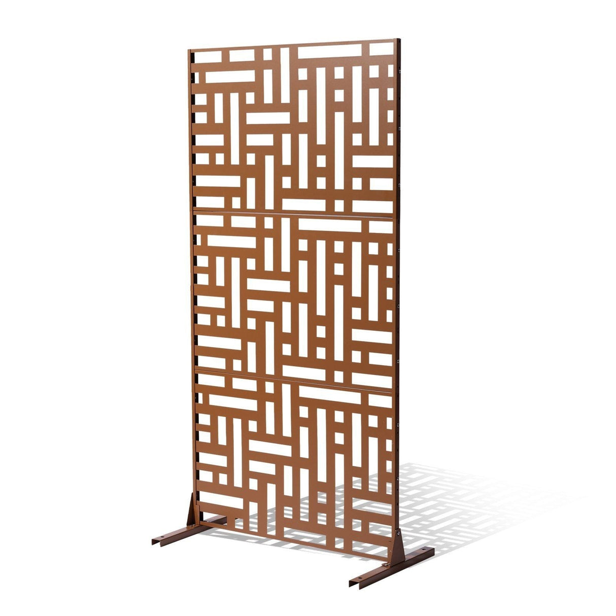 Front view of the brown decorative metal privacy screen and its base feet