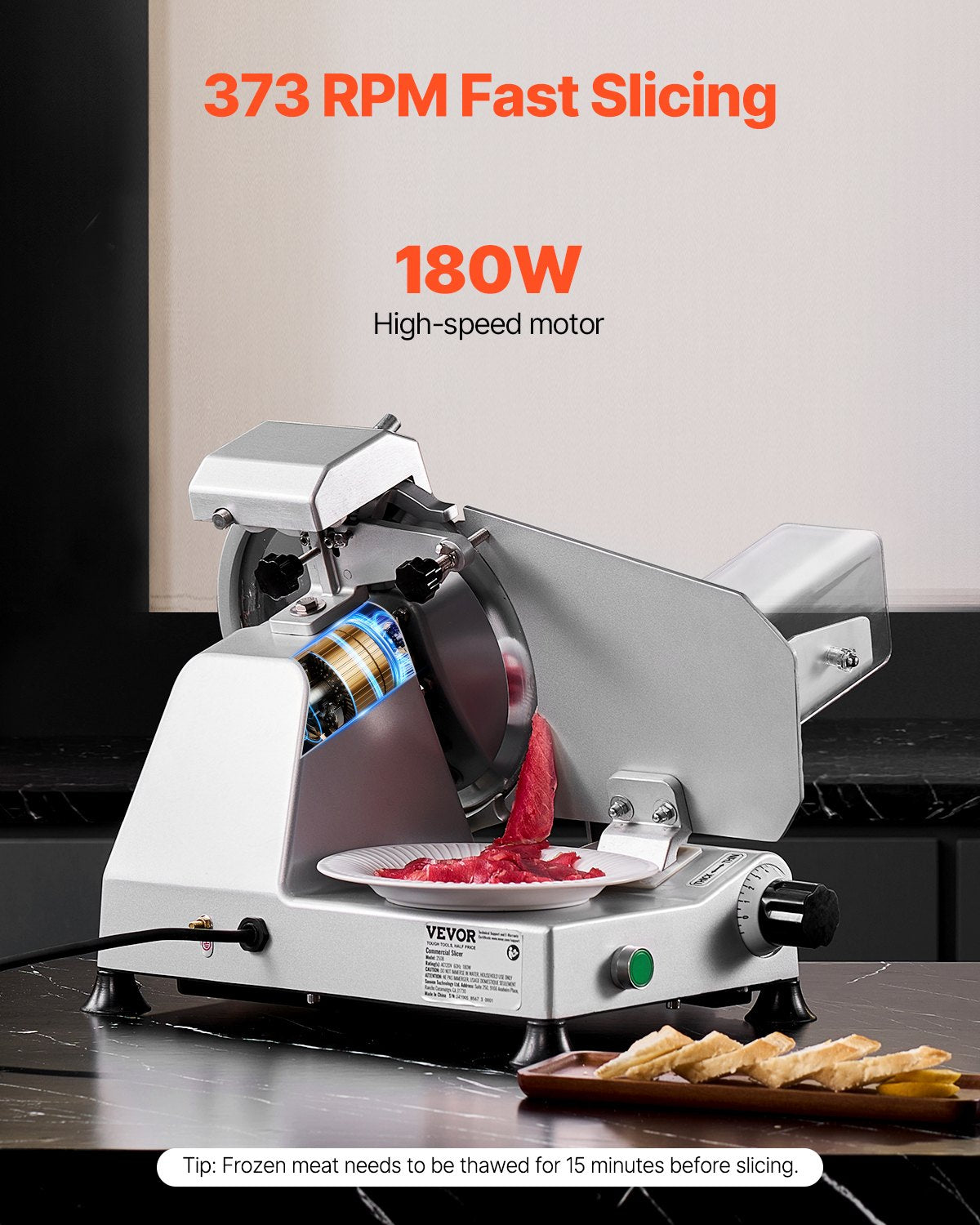 Side view of the 250 mm deli slicer showing carriage and blade shield