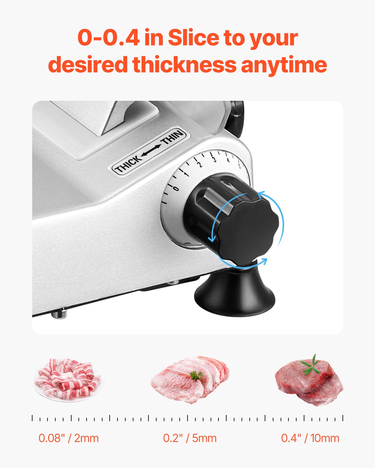 Thickness adjustment knob set between 0 mm and 10 mm on the meat slicer