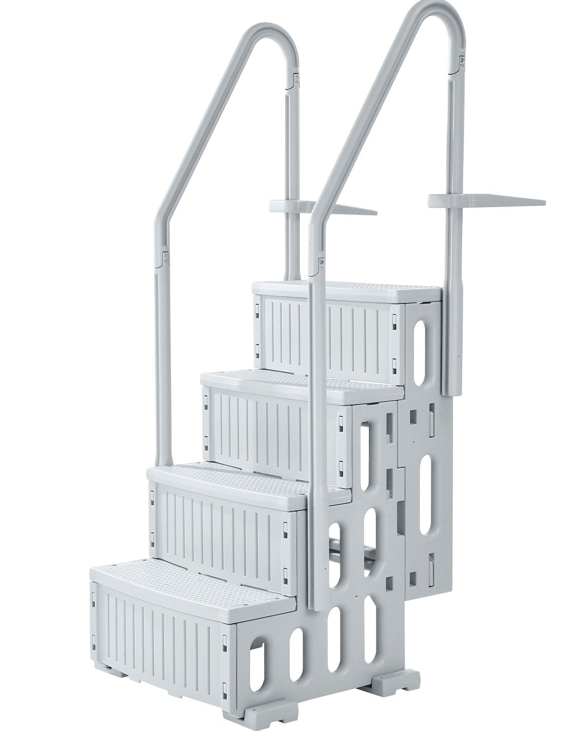 Grey four step pool ladder with dual handrails and inclined steps