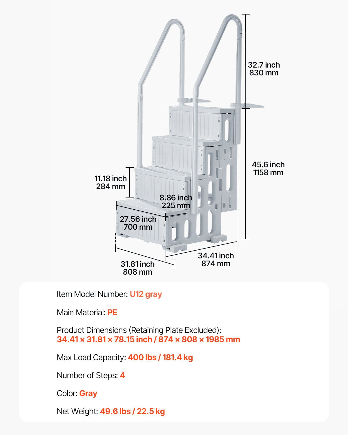 Caldas Pool Ladder, 4 Step Dual Handrail, Grey