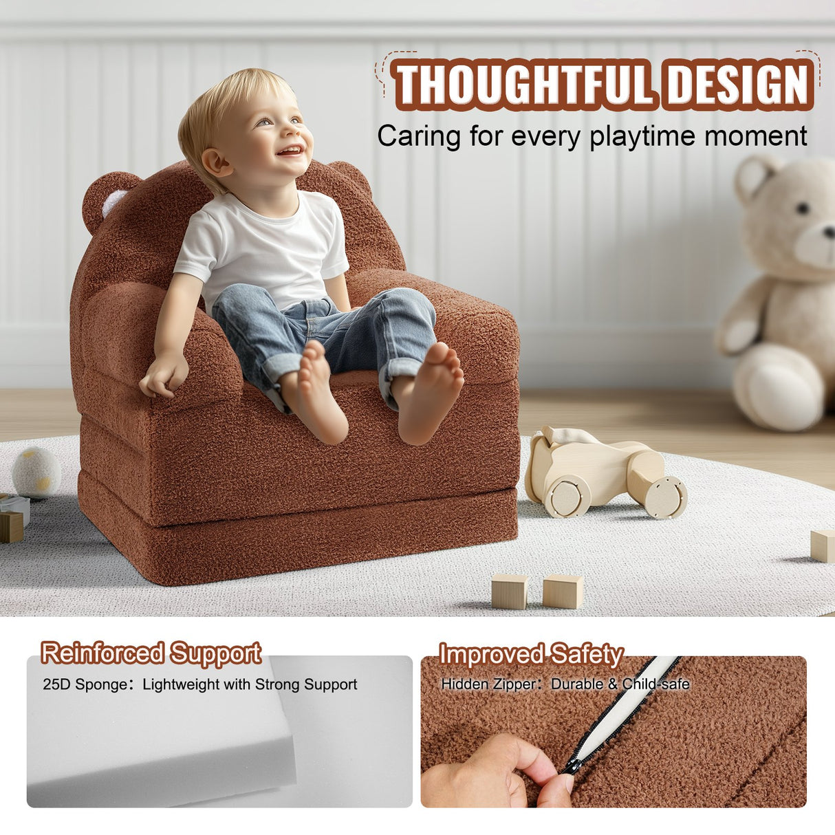 Foldable two in one kids sofa and lounger in brown