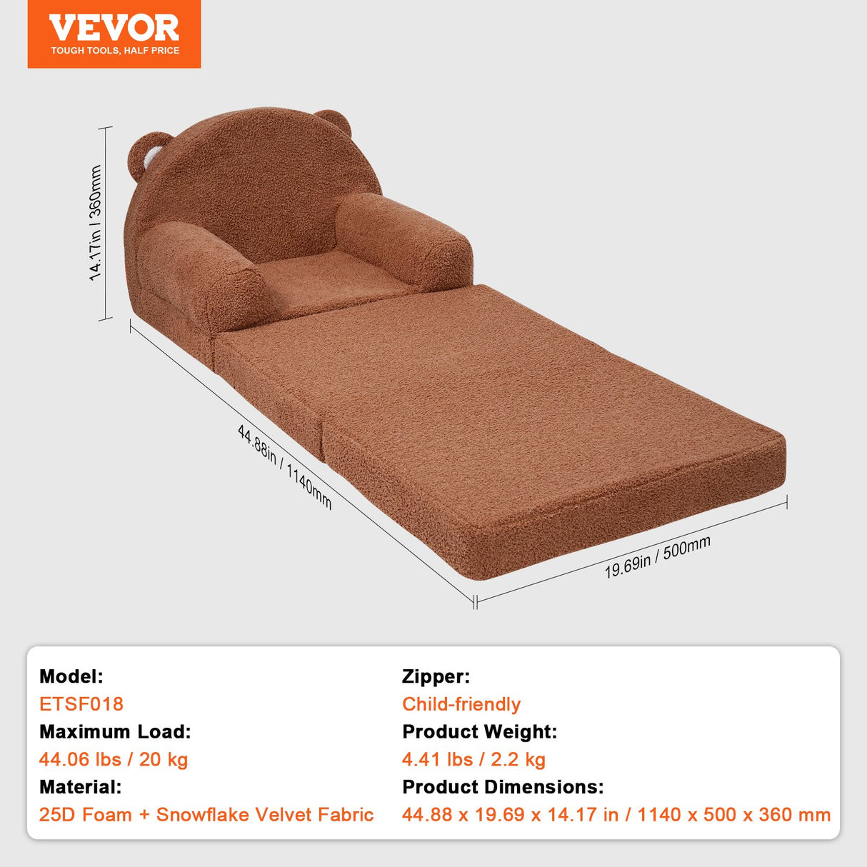 Foldable two in one kids sofa and lounger in brown