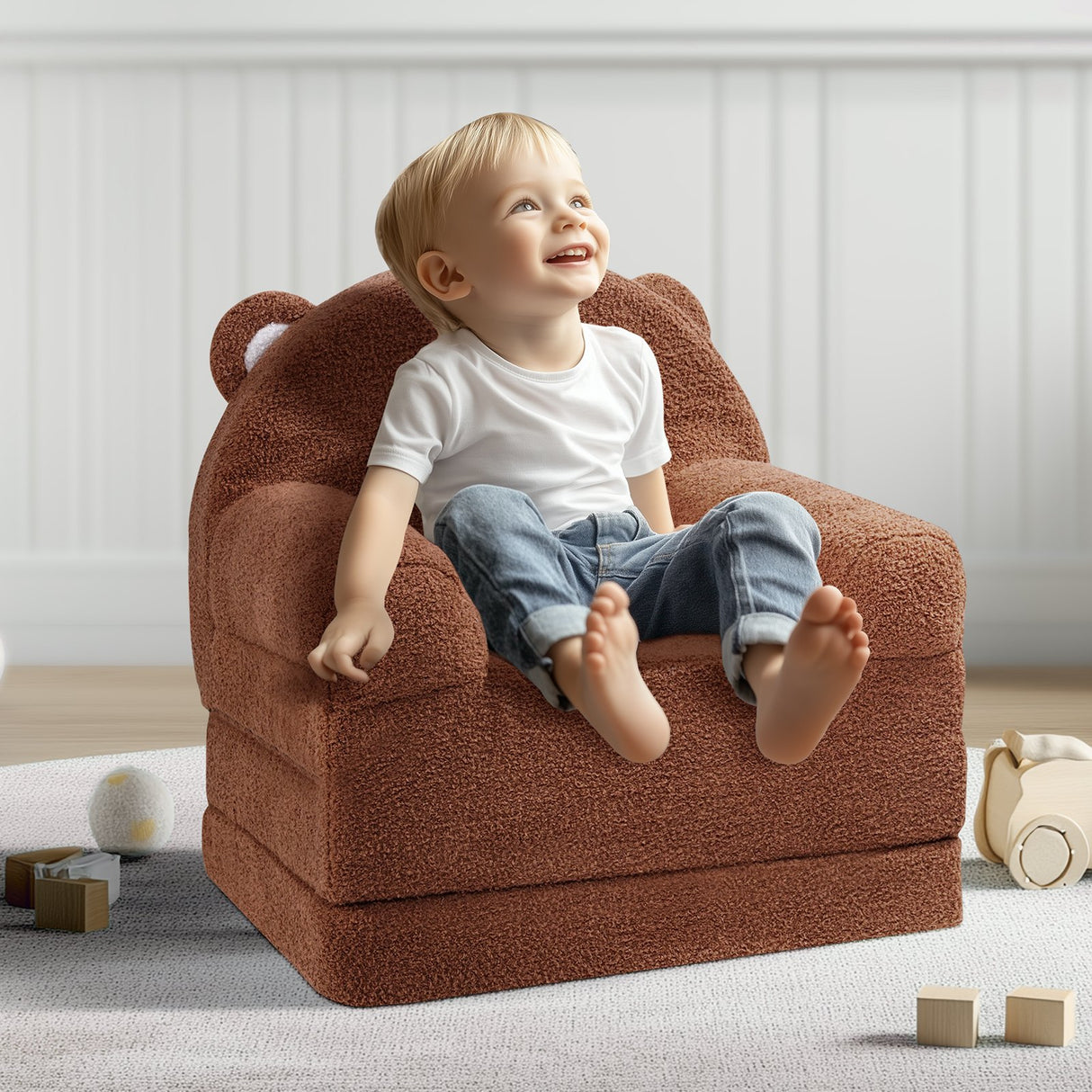 Foldable two in one kids sofa and lounger in brown