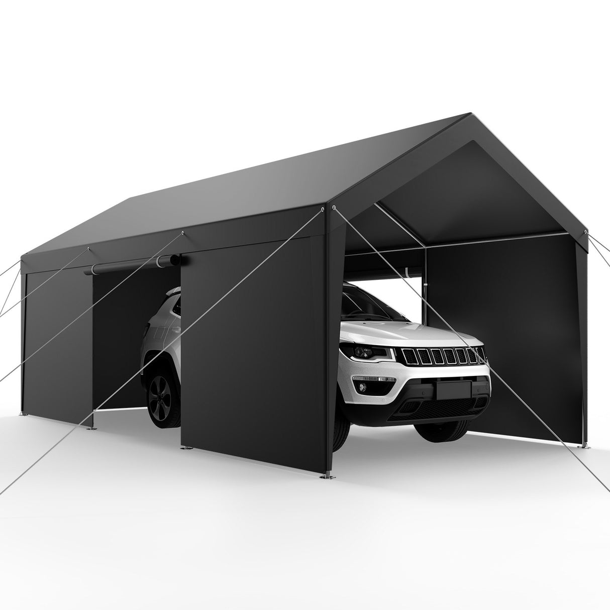 Interior of the enclosed carport with a vehicle parked inside