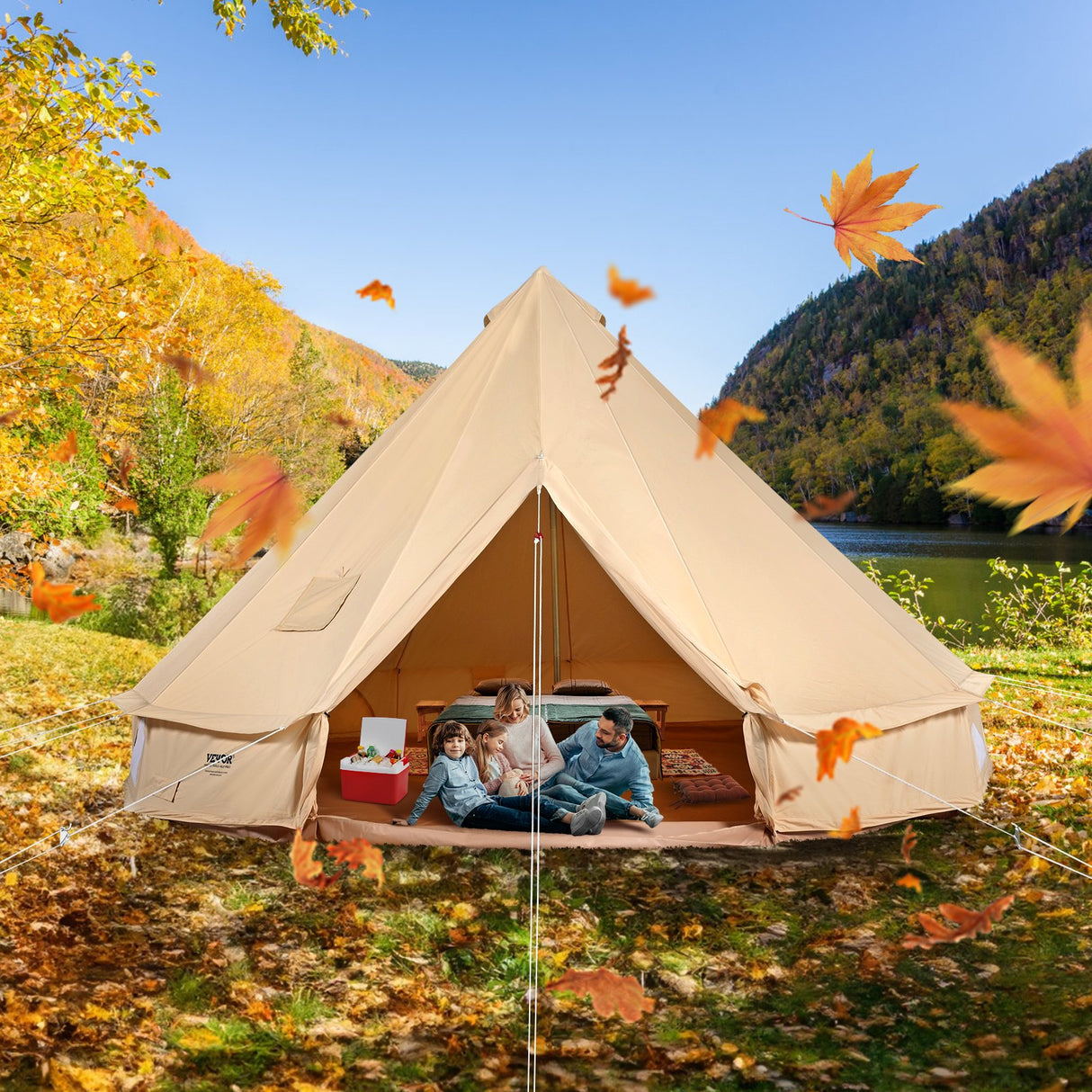 Canvas Bell Tent, 4m, 6-Person, 4-Season, Cream
