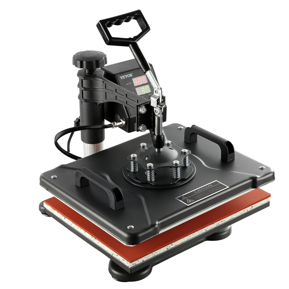 Side view of the 1400 W heat press showing the steel frame and handle