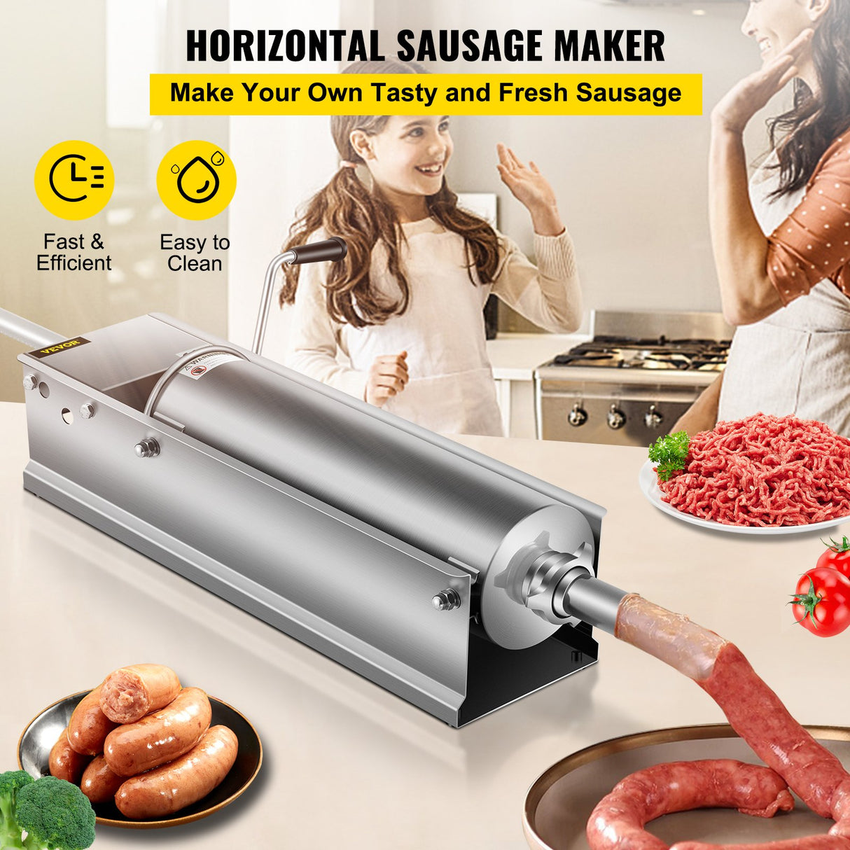 Side view of the 7 L horizontal sausage stuffer showing cylinder and frame