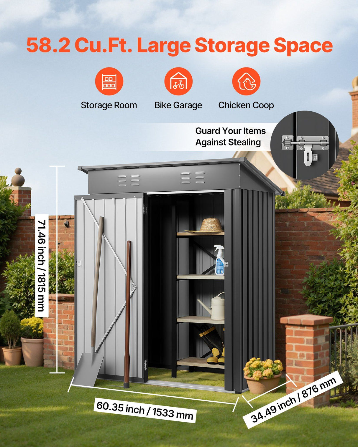 Metal garden shed with lockable door and louvre vents, 153 x 88cm (view 2)