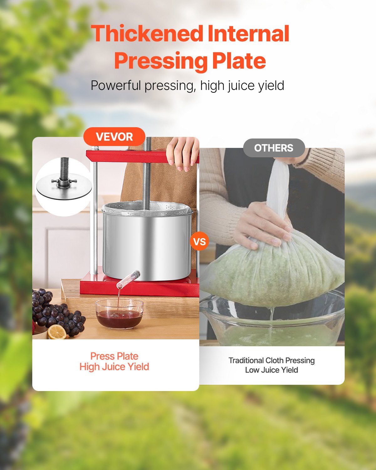Stainless steel pressing plate and screw thread of the 6 L fruit press