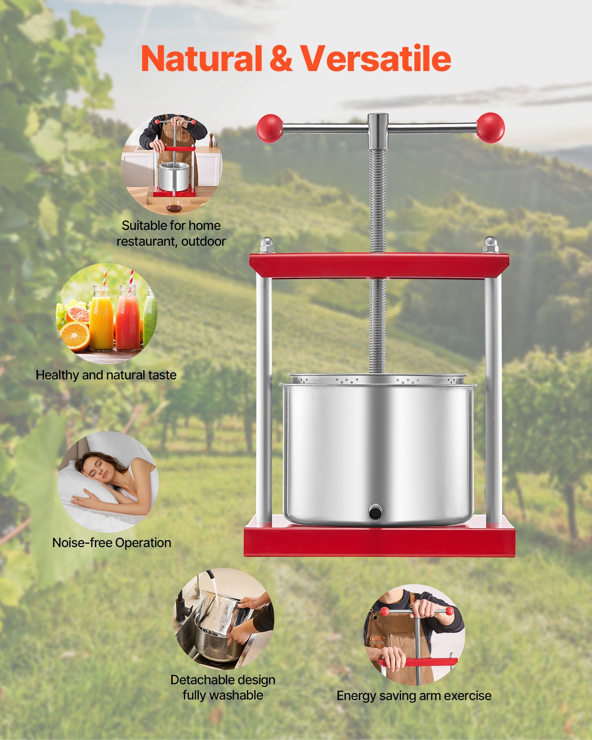 T shaped non slip handle on the 6 L manual fruit press