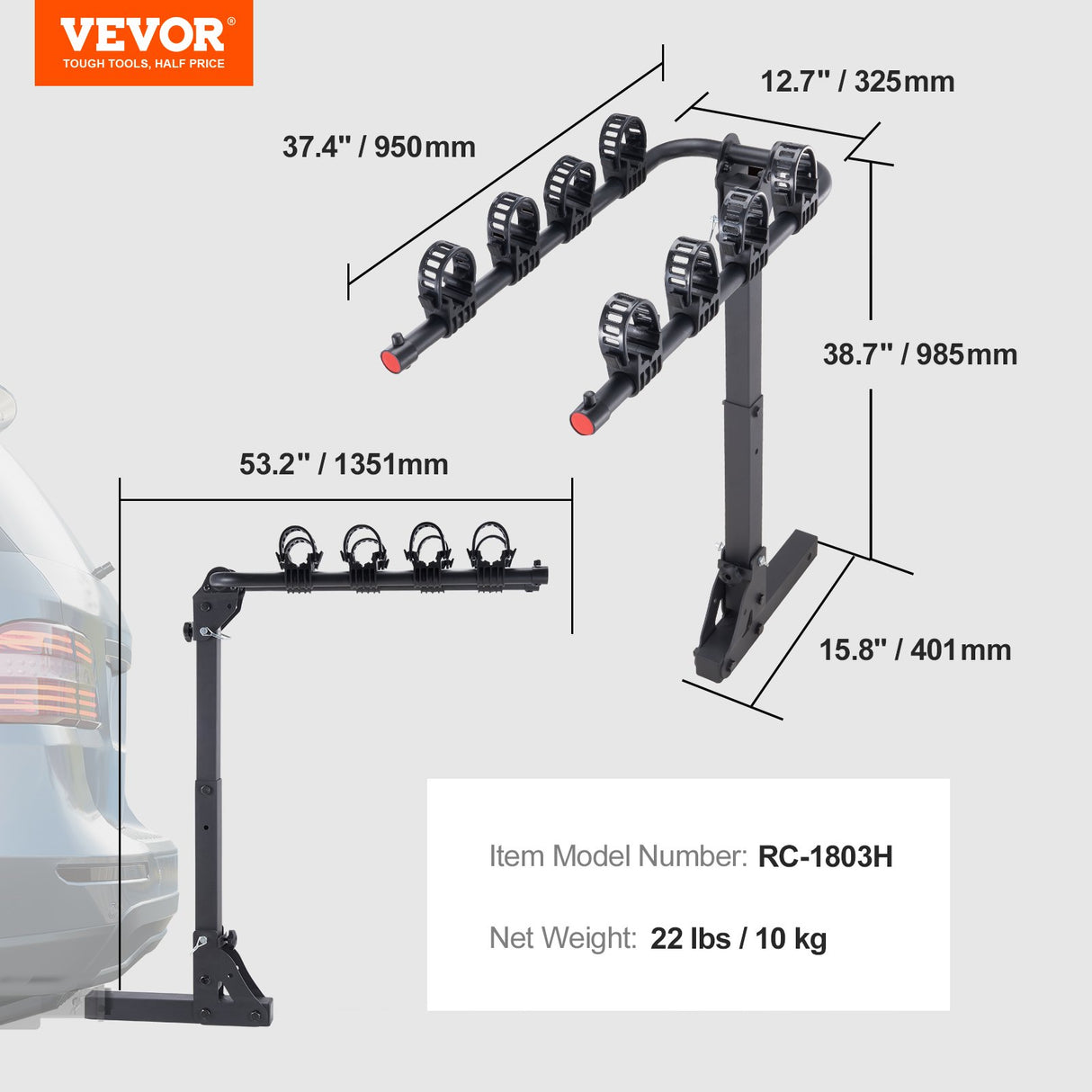 Kortrijk Folding Hitch Mount Bike Rack, 4 Bike, 150lbs, Black
