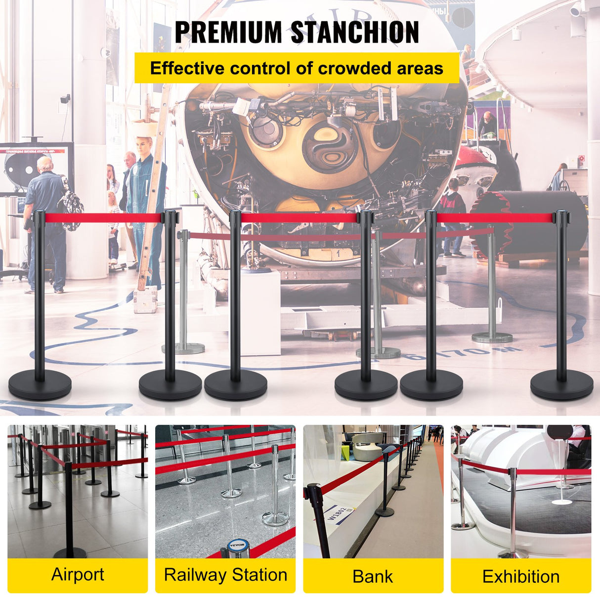 Black stanchion post with retractable belt