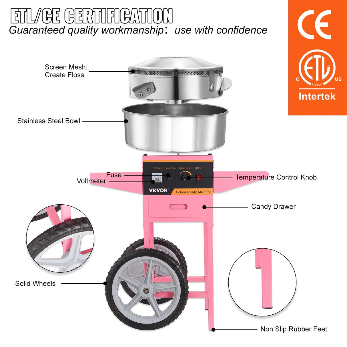 Cart with large wheels and sturdy handle carrying the cotton candy machine