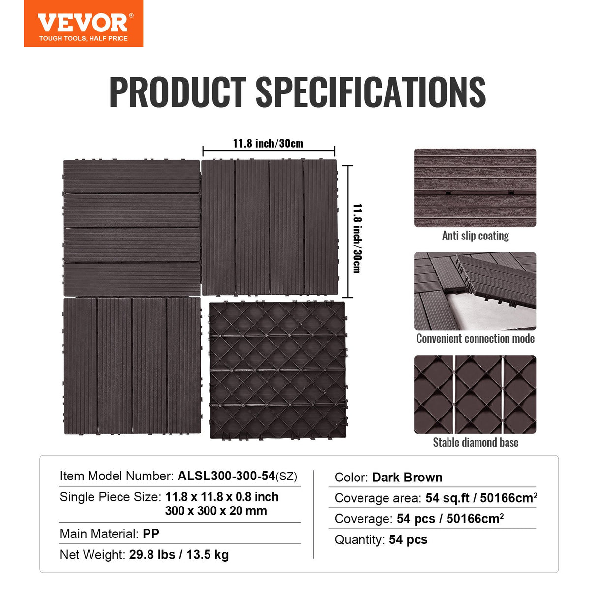 Hulftegg Interlocking Deck Tile, 30x30cm, Wood Look, Dark Brown, 54pcs