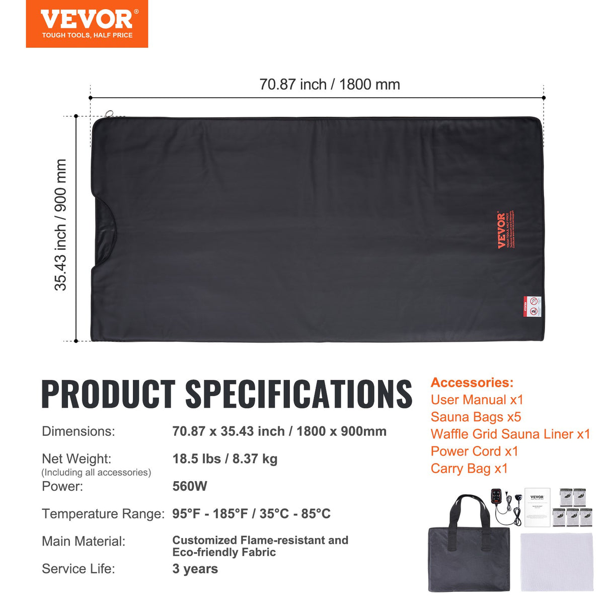 Far infrared sauna blanket, 180x80cm with carry bag