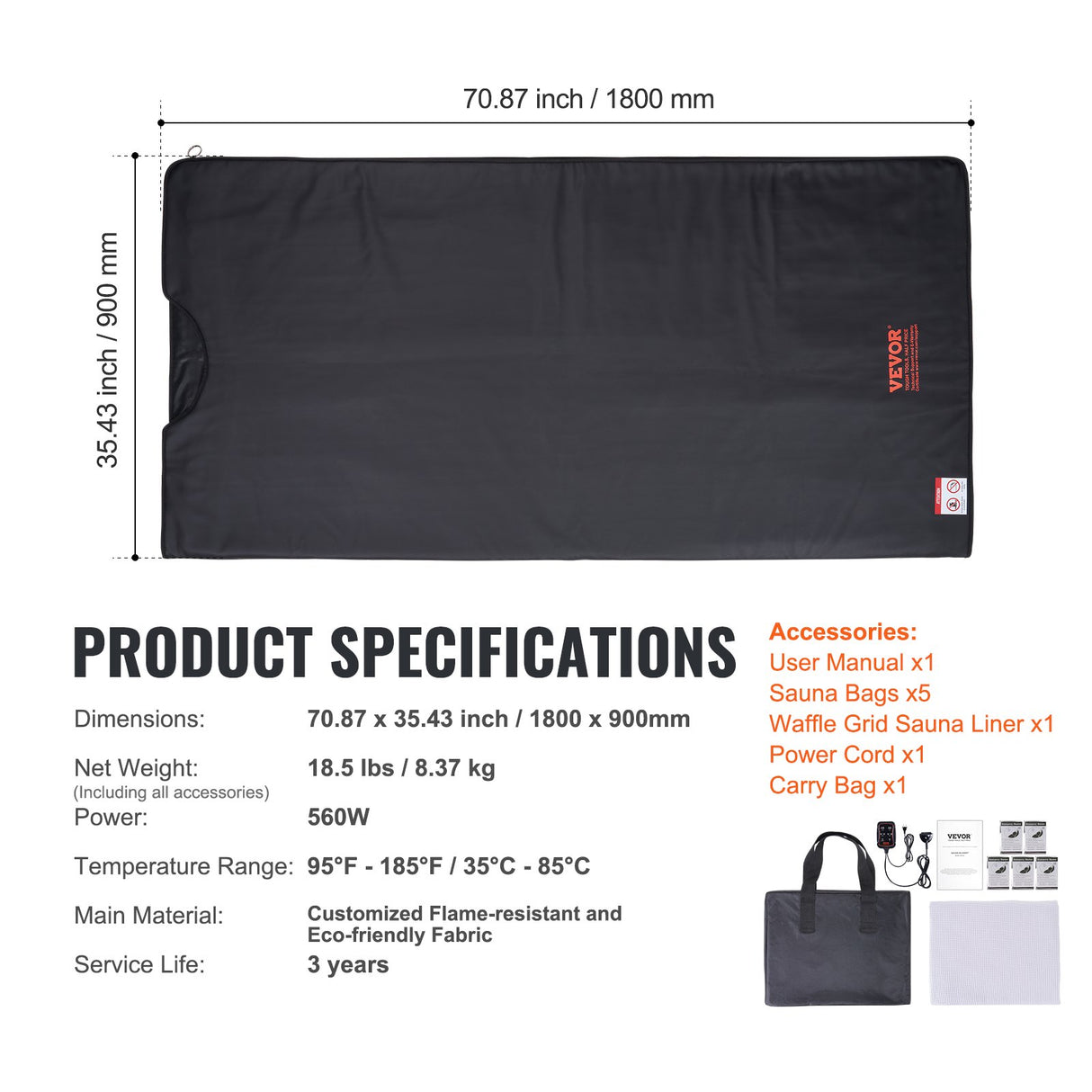 Far infrared sauna blanket, 180x80cm with carry bag