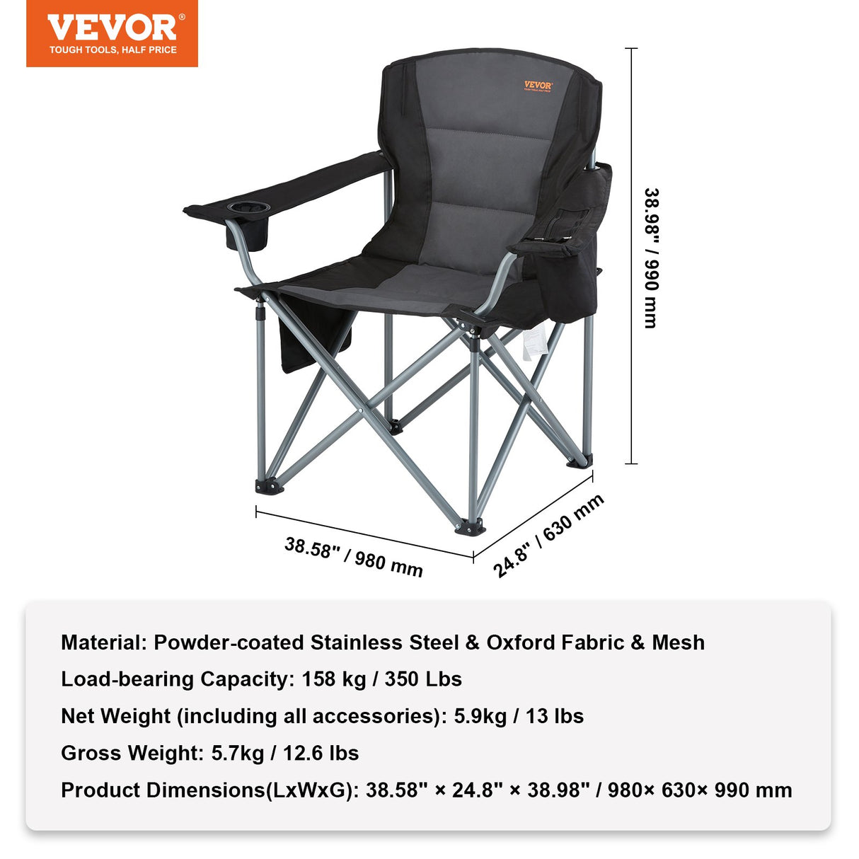 Arltunga Heavy Duty Folding Camp Chair with Cup Holder and Cooler Bag, Black