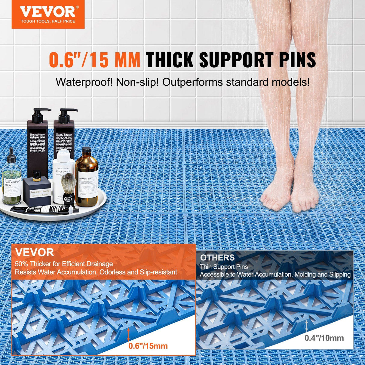 Oberalp Interlocking Drainage Floor Mat, 30x30cm, PVC, Blue, 50pcs