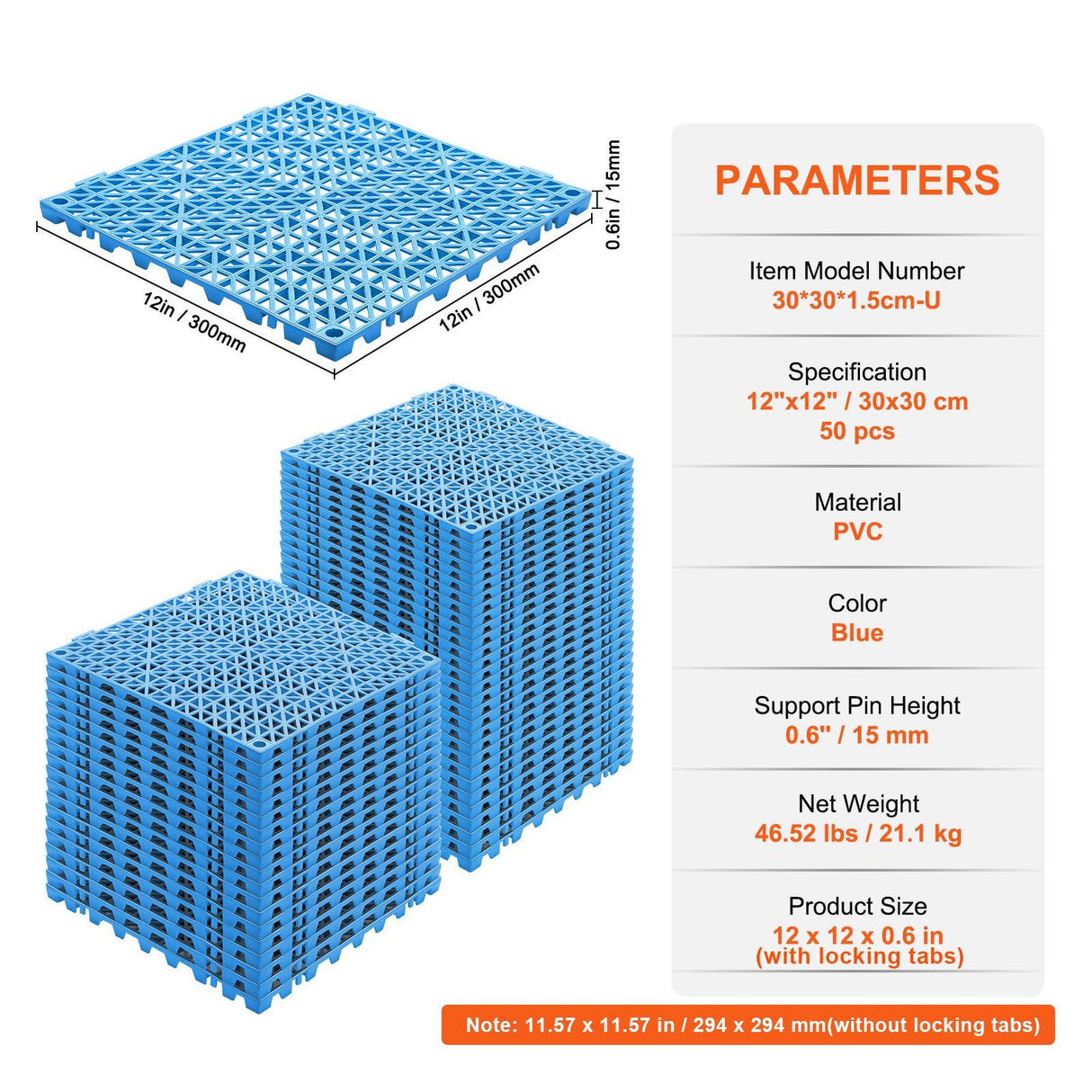 Oberalp Interlocking Drainage Floor Mat, 30x30cm, PVC, Blue, 50pcs