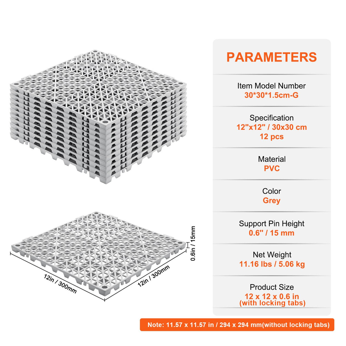 Segura Drainage Mat Tiles, 30 x 30cm, PVC, Grey, 12pcs