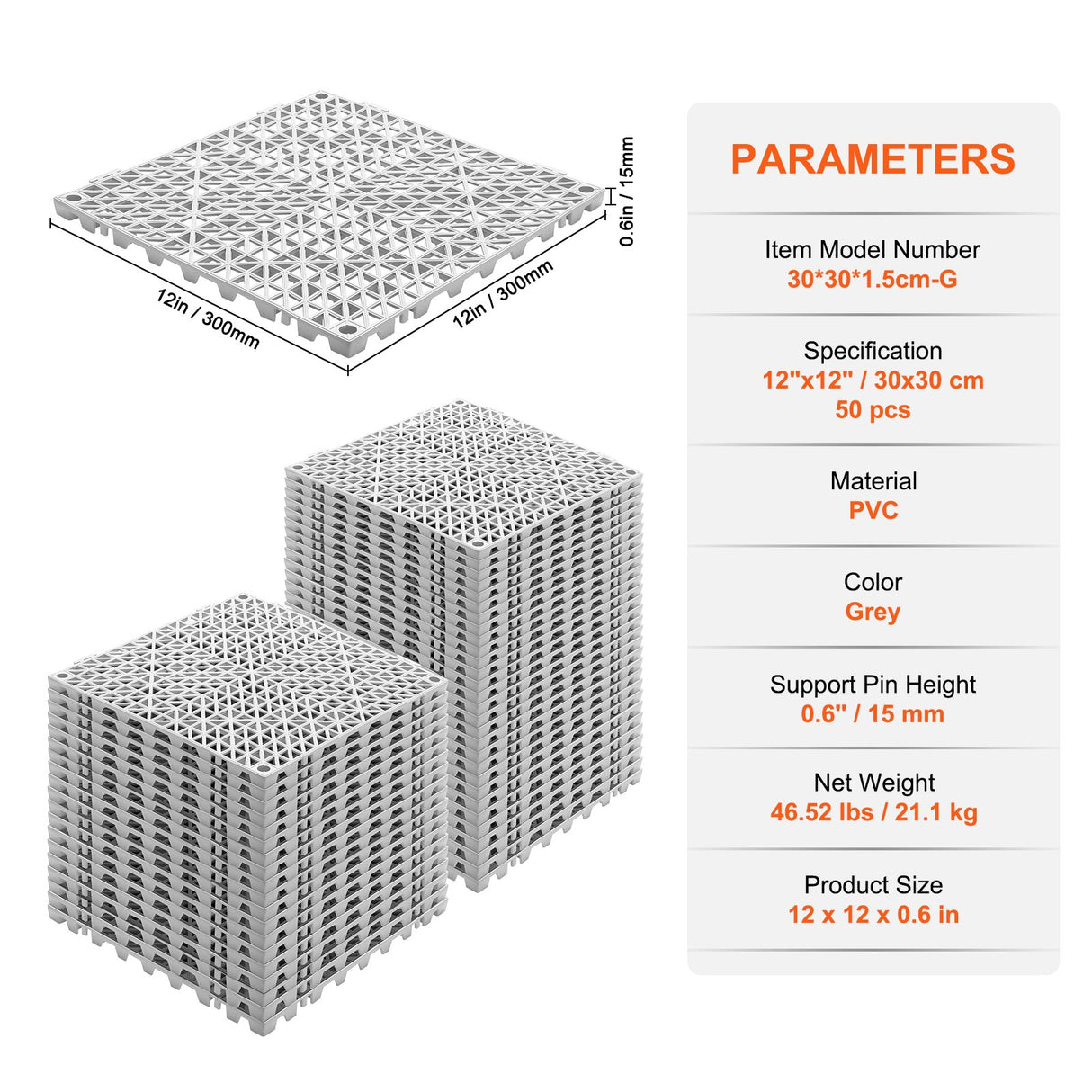 Gemmi Interlocking Drainage Floor Mat, 30x30cm, PVC, Grey, 50pcs